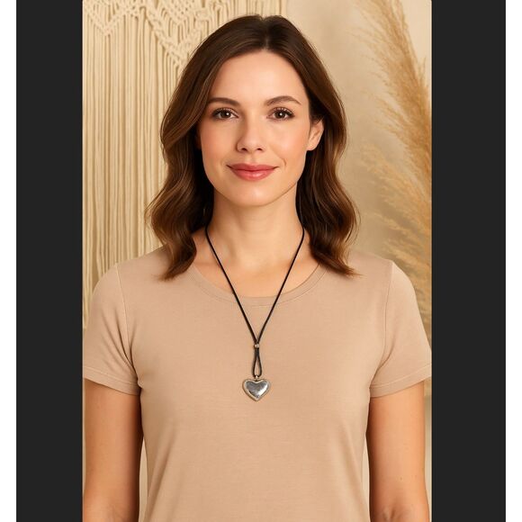 J. Jill Jewelry - J. Jill Heart Necklace Charm Pendant Silver Tone Hammered Black Cord Adjustable